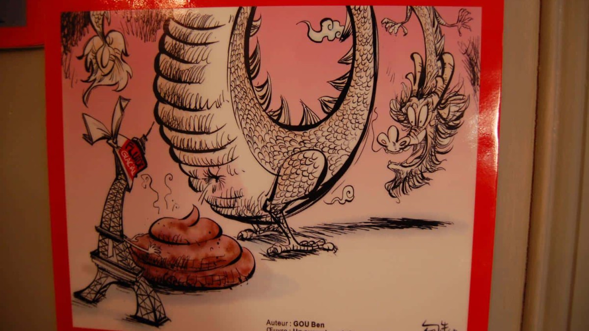 Un des dessins donnés par les auteurs chinois aux dessinateurs de Fluide Glacial, en réponse amicale à la polémique concernant leur Une sur 