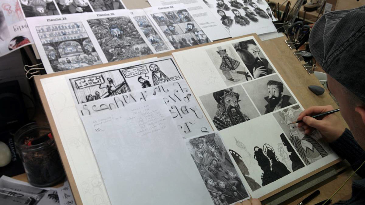 Les voyages de Gulliver de Bertrand Galic et Paul Echegoyen d'après Jonathan Swift (Soleil, Noctambules) - Photo de l'atelier de Paul Echegoyen