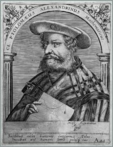 Ptolémée - Claudius Ptolemäus, Picture of 16th century book frontispiece (domaine public) - Du mouvement de la Terre