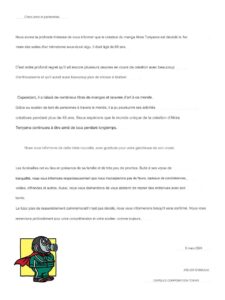 Lettre annonçant le décès d'Akira Toriyama - Bird Studio et Capsule Corporation Tokyo