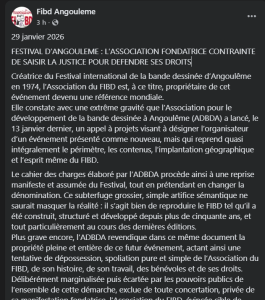 Post Facebook FIBD Angoulême action juridiques 29 janvier 2026